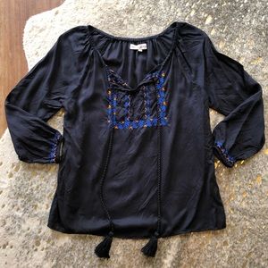 Altar'd State Black Embroidered Tasseled Top, S